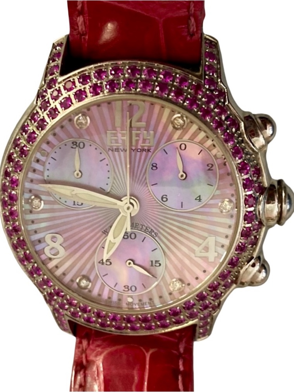 EFFY New York Watch Pink Sapphire Diamond Stainless Steel Original Box & Cover